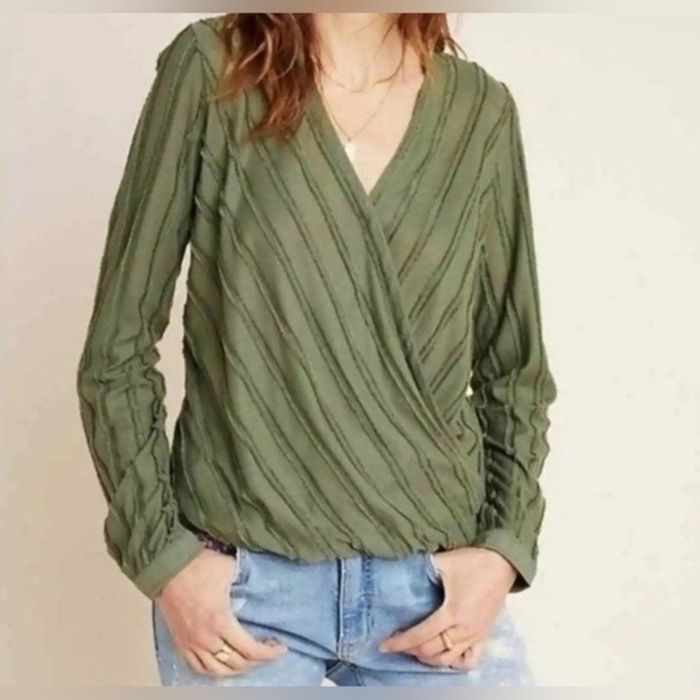 Maeve‎ Anthropologie Olive Green Textured Frayed Stripe Wrap Surplice Blouse XS